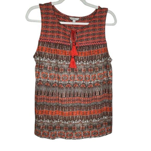 Lucky Brand Boho Top M Sleeveless V-Neck Cord Western Southwestern Tribal Orange - Picture 1 of 10